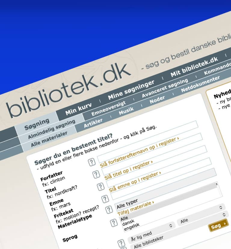 Skærmbillede af gammel udgave af Bibliotek.dk